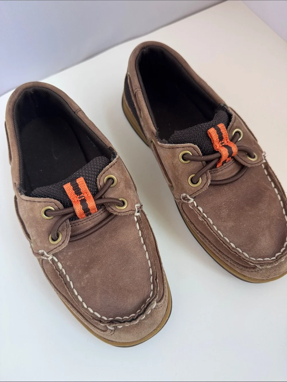 Kids Lands’ End Brown Suede Boat Shoes with Orange Accent